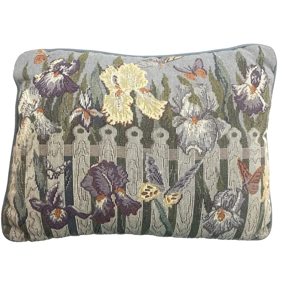 Vtg Iris Floral Tapestry Throw Pillow Butterflies Blue Backing 12x16